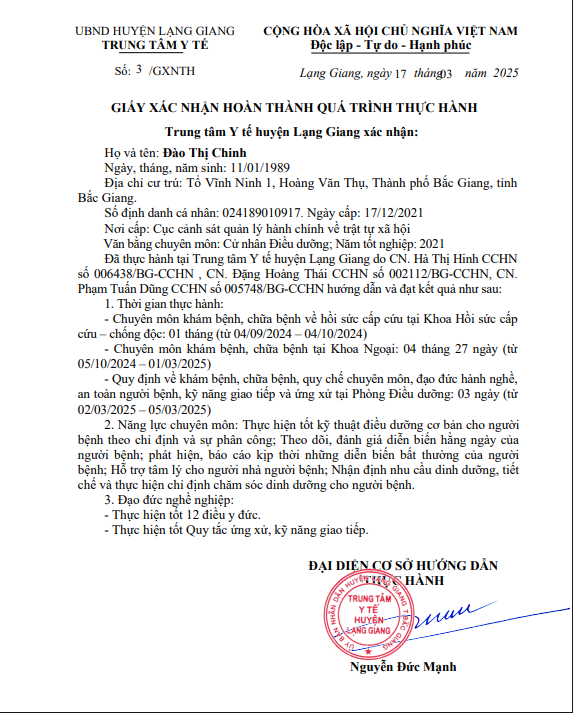 Danh sách người thực hành đã hoàn thành quá trình thực hành khám bệnh, chữa bệnh