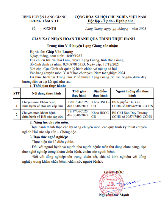 Giấy xác nhận hoàn thành quá trình thực hành, Giáp Văn Lượng