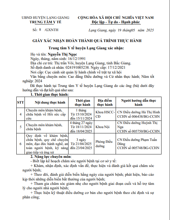 Giấy xác nhận hoàn thành quá trình thực hành, Nguyễn Thị Ngọc