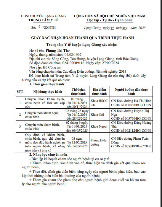 Giấy xác nhận hoàn thành quá trình thực hành, Phùng Thị Thơ