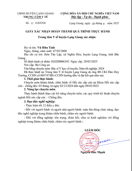 Giấy xác nhận hoàn thành quá trình thực hành, Vũ Hữu Tỉnh