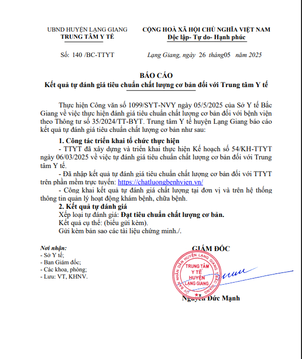 Báo cáo kết quả tự đánh giá tiêu chuẩn chất lượng cơ bản đối