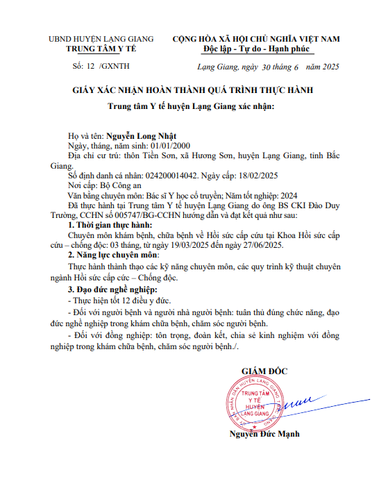 GIẤY XÁC NHẬN HOÀN THÀNH QUÁ TRÌNH THỰC HÀNH, Nguyễn Long Nhật