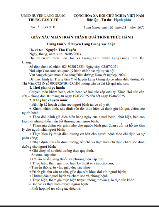Giấy xác nhận hoàn thành quá trình thực hành, Nguyễn Thu Huyền