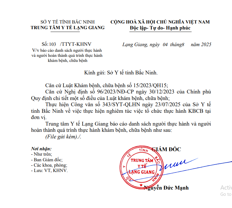 Báo cáo toàn bộ danh sách người đang thực hành KBCB tính đến ngày 04/08/2025