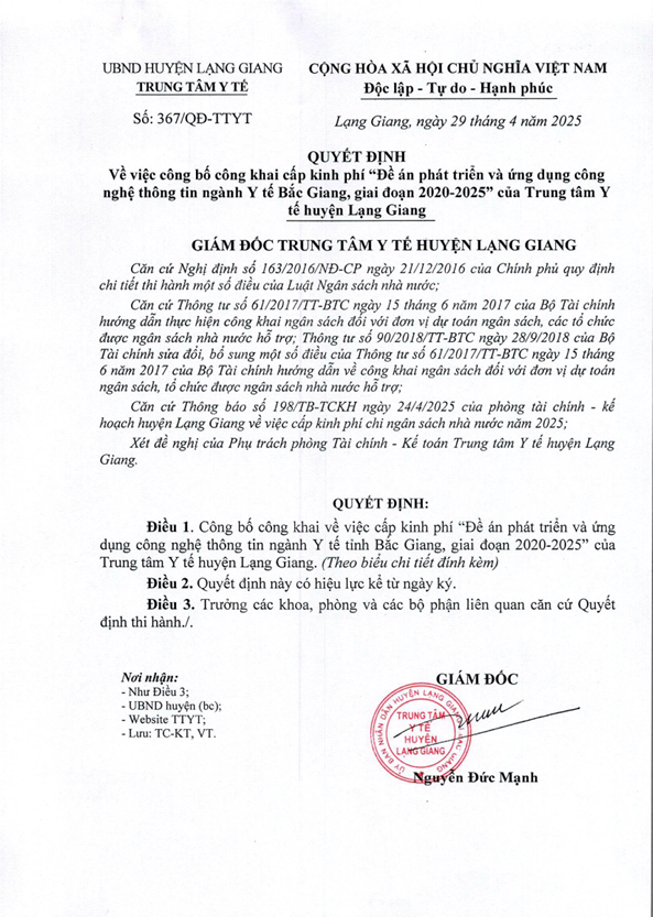 Công bố công khai cấp kinh phí "Đề án phát triển và ứng dụng công nghệ thông tin ngành Y tế Bắc Giang, giai đoạn 2020 -2025"