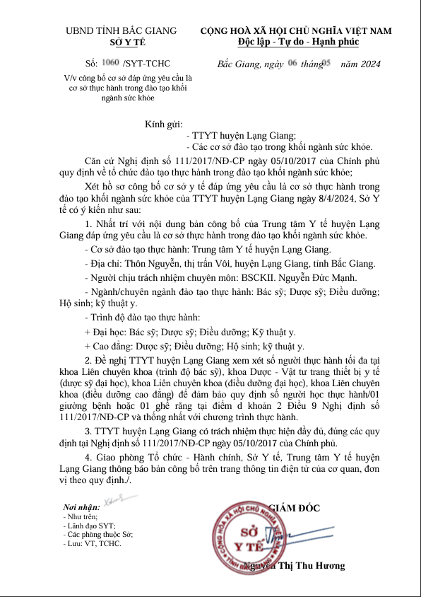 V/v công bố cơ sở đáp ứng yêu cầu là  cơ sở thực hành trong đào tạo khối  ngành sức khỏe