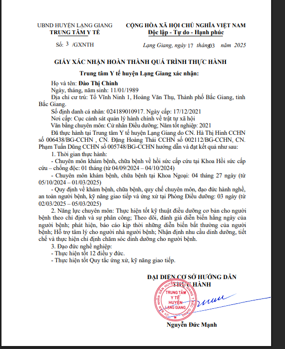 Giấy xác nhận hoàn thành quá trình thực hành, Đào Thị Chinh