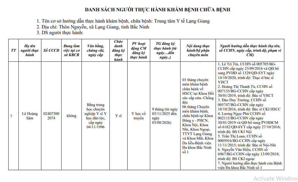 Danh sách thực hành khám bệnh, chữa bệnh, Lê Hoàng Sâm