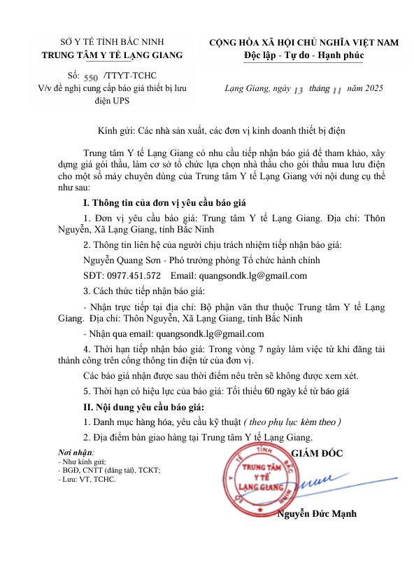 V/v đề nghị cung cấp báo giá thiết bị lưu  điện UPS