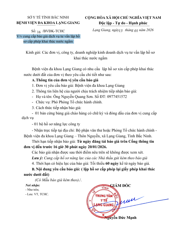 Cung cấp báo giá dịch vụ tư vấn lập hồ  sơ cấp phép khai thác nước ngầm