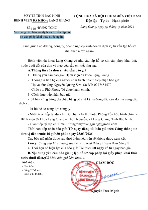 Cung cấp báo giá dịch vụ tư vấn lập hồ  sơ cấp phép khai thác nước ngầm