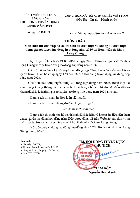 Danh sách thí sinh nộp hồ sơ, thí sinh đủ điều kiện và không đủ điều kiện  tham gia xét tuyển lao động hợp đồng năm 2026 tại Bệnh viện đa khoa Lạng Giang