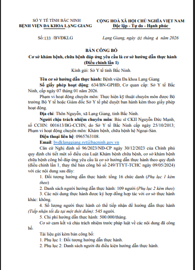 Công bố Cơ sở khám bệnh, chữa bệnh đáp ứng yêu cầu là cơ sở hướng dẫn thực hành