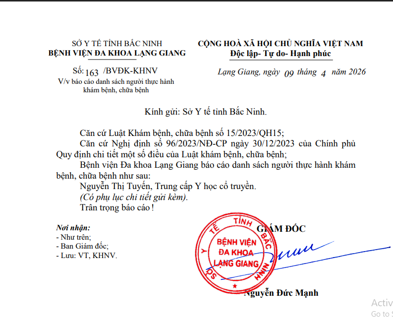 Danh sách người thực hành KBCB: Nguyễn Thị Tuyến