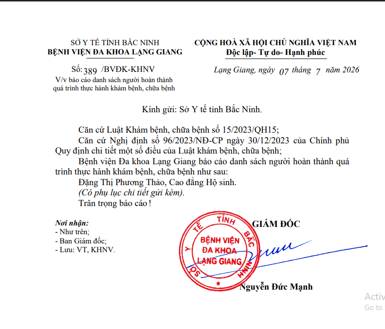 Danh sách người hoàn thành quá trình thực hành KBCB: Đặng Thị Phương Thảo