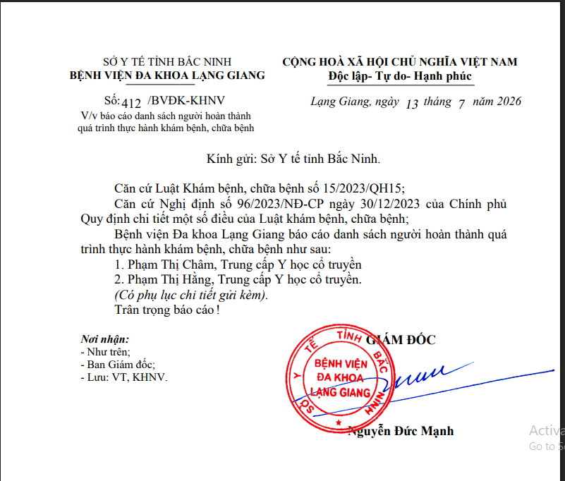Danh sách người hoàn thành quá trình thực hành KBCB: Phạm Thị Châm, Phạm Thị Hằng