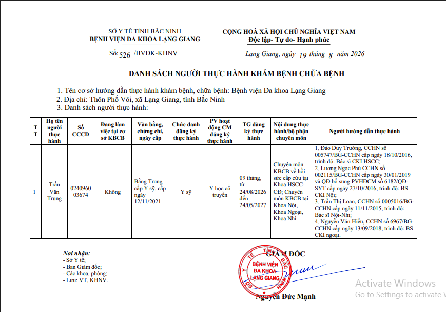 Danh sách người thực hành khám bệnh chữa bệnh, Trần Văn Trung