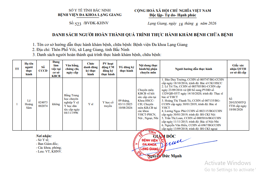 Danh sách người hoàn thành quá trình thực hành KBCB: Lê Hoàng Sâm
