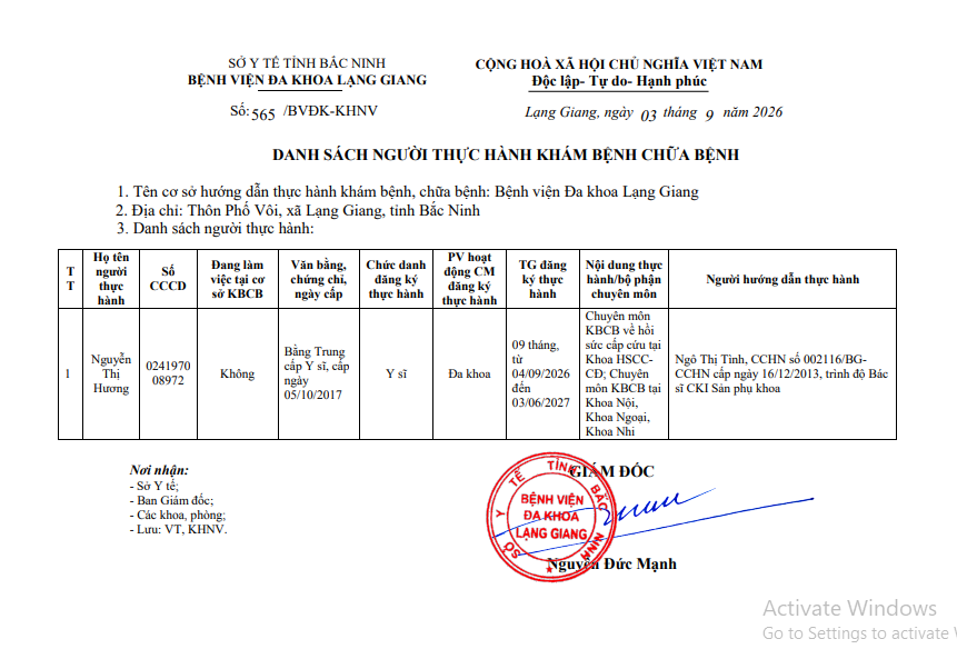 Danh sách người thực hành khám bệnh chữa bệnh, Nguyễn Thị Hương